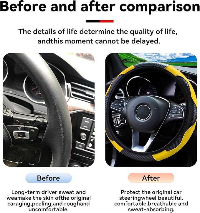 Car Steering Wheel Cover, 15 inch Carbon Fiber Microfiber PU Leather Elastic Steering Wheel Protector for Men Women, Anti-Slip Breathable Car Interior Accessories for Most Cars (Yellow)