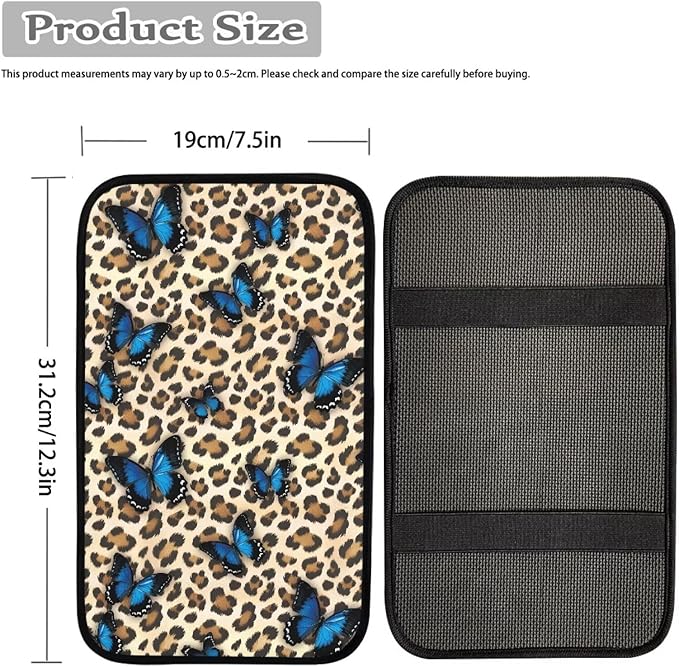 Butterfly Leopard Car Armrest Cover Pad for Women Girls Non Slip Cheetah Print Center Console Cushion Dustproof Car Armrest Box Protector Cover Breathable Soft