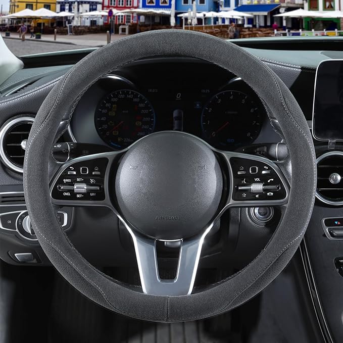 Gray Suede Steering Wheel Cover Large for Model X Model S Ford F150 F250 F350, Breathable Non-Slip Sweat-Proof Wear-Resistant, Warm in Winter and Cool in Summer, 15.5 inch to 16 inch