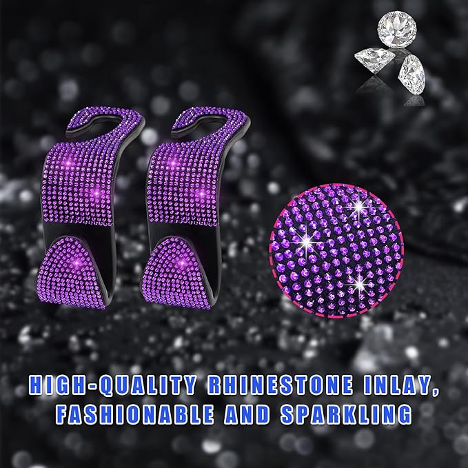 4 PCS Bling Car Seat Headrest Hooks, Crystal Rhinestone Back Seat Hanging Storage Organizer, Vehicle Seat Hanger Holder for Purse Handbag Coat, Interior Car Accessories (Purple)