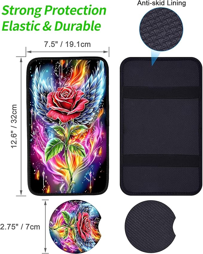 JANENFNA Car Armrest Cover Pads Universal Fashion Cute Auto Center Console Armrest Cover Pad with 2PCS Car Coasters Soft Waterproof Car Armrest Seat Protector for Women,Winged Rose