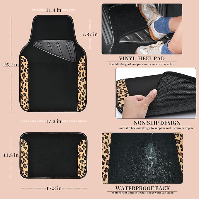 CAR PASS Waterproof Universal Fit Car Floor Mats, Leopard Print Car Mats Fit for SUV,Vans,sedans, Trucks,Set of 4pcs Car Carpet with Driver Heel Pad and Nibs Backing,for Cute Women Girl Brown Leopard