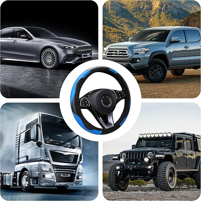 Car Steering Wheel Cover, 15 inch Carbon Fiber Microfiber PU Leather Elastic Steering Wheel Protector for Men Women, Anti-Slip Breathable Car Interior Accessories for Most Cars (Blue)