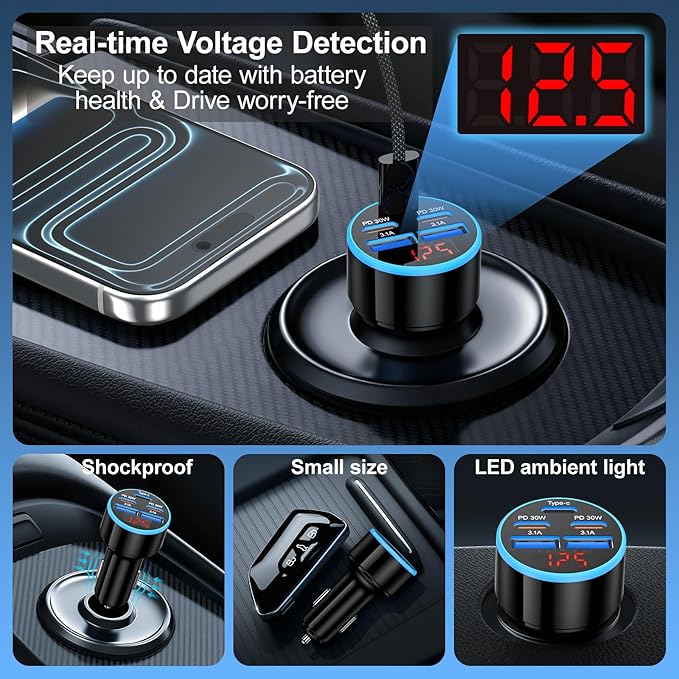 [5 in 1] USB C Car Charger, 5-Port 90W Fast Charging Cigarette Lighter Adapter with USBC Cable,Dual 30W USBC & USB-A Multiport Car Phone Charger with Voltmeter for iPhone 17/16/15 Pro Max,iPad,Galaxy