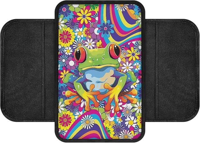 CLOHOMIN Funny Frog Armrest Cover for Car Truck Sedan Hippie Floral Auto Center Console Cover Anti-Scratch Car Center Console Armrest Cushion Accessory with 2 Storage Bags