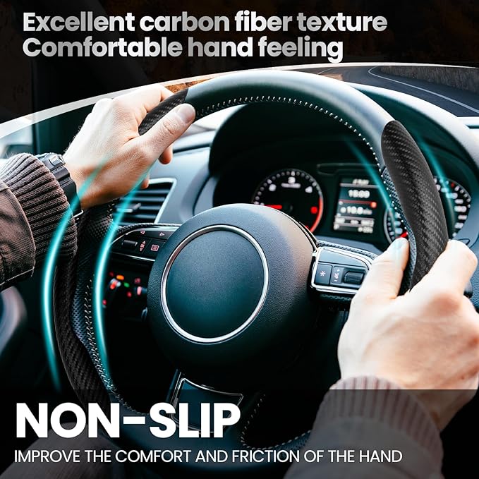 GSPSCN Universal Car Carbon Fiber Steering Wheel Cover Anti-Skid,Butterfly Steering Wheel Cover,Non-Slip Segmented Steering Wheel Protector,Fit for 99% Cars,Car Interior Accessories (Black)