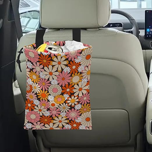 ghatobty Car Trash Bag Vintage Groovy Flowers Car Garbage Bag Hanging Car Trash Can