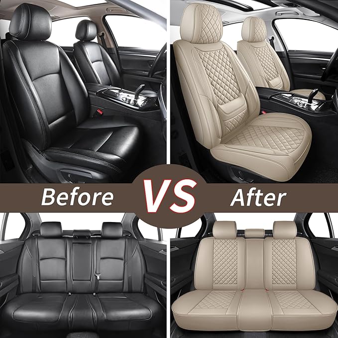 SCOMEE Beige Leather Car Seat Covers Full Set Breathable Seat Protectors Waterproof Automotive Seat Covers Universal Fit for Most Cars SUVs Trucks Vehicles