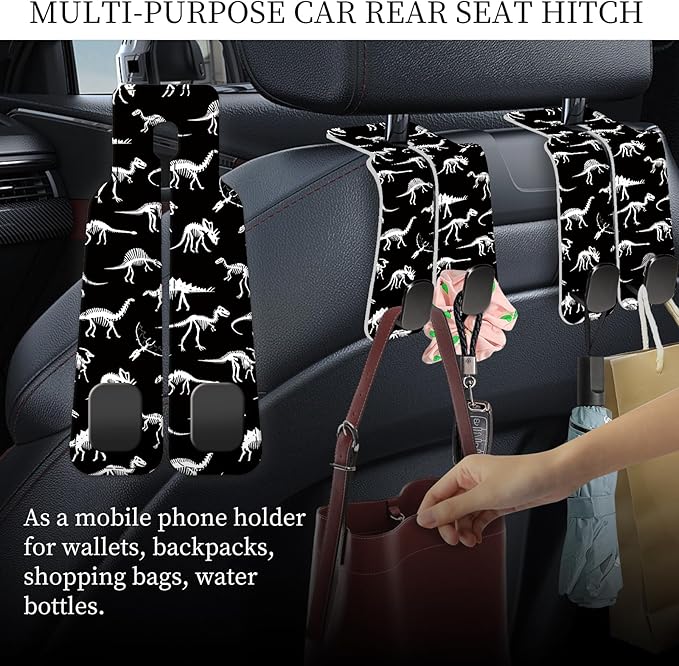 AXRQLSU PU Leather Car Seat Hook, Storage Headrest Hanger, Cute Car Backseat Organizer, Car Hooks For Purses and Bags Black White Dinosaur