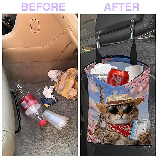 UUCBTAH Car Trash Bag Funny Cat and Eiffel Tower Car Garbage Bag Waterproof Car Trash Can for Back Seat with Adjustable Straps and Drawstring, Foldable Car Trash Bin for Car Accessories