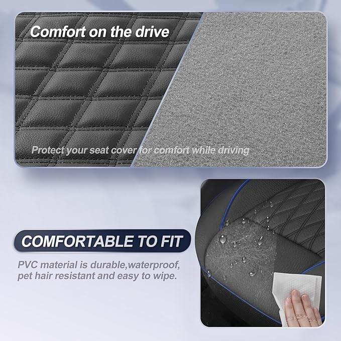GIANT PANDA 2PCS Front Seat Covers for Hyundai, Piping Leather Durable Waterproof Seat Cover to Fit Sonata Elantra Santa Fe Tucson Accent Kona Palisade Genesis, Airbag Compatible (Black+Blue)