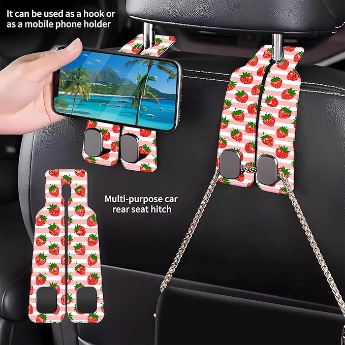AEWNUNK 1 Pack Car Seat Headrest Hooks for Purses and Bags Watercolor Pink Strawberry Striped Bag Purse Holder for Car with Double Metal Hooks Car Purse Hanger Hanging Accessories