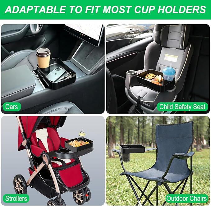 Car Seat Snack Tray for Kids, Square Car Seat Cup Holder Snack Tray with Adjustable Base, Durable CarSeat Tray for Toddlers, Universal Fit for Tesla, Safety Seats, Car Center Consoles (Black)