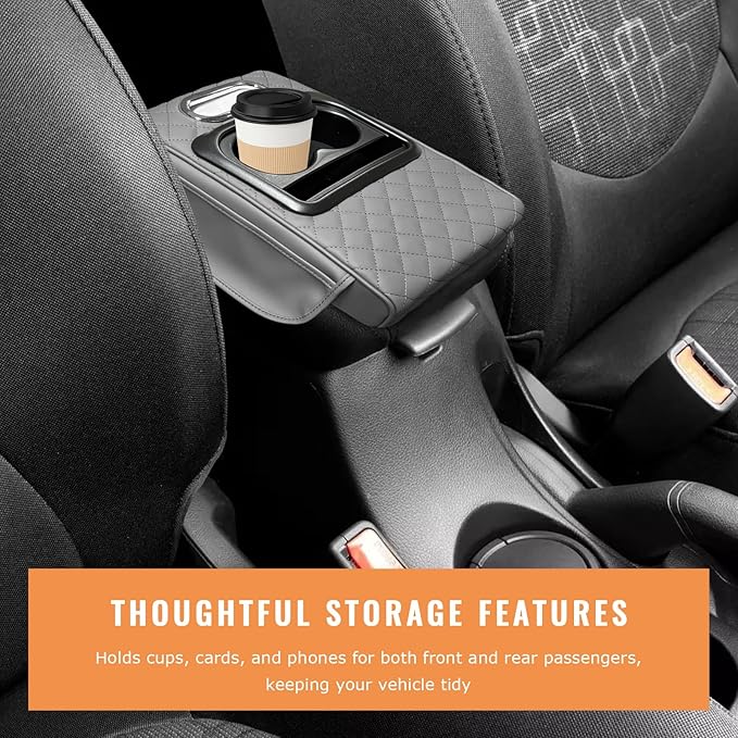 Car Center Console Armrest Pillow, 5-in-1 Armrest Cushion w/ 2 Side Bags, Tissue Box Slot, Cup & Phone Holder, Multifunctional Leather Auto Arm Rest Cover Storage Organizer (Gray, Embroidered)