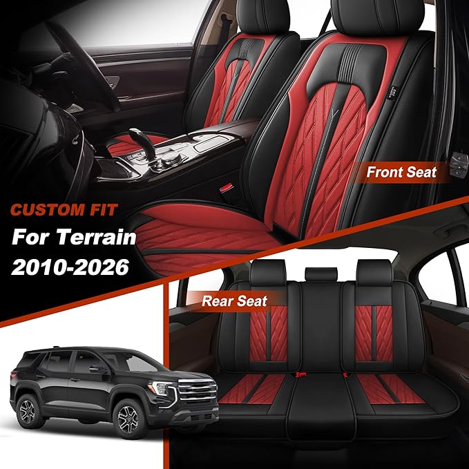 TTX LIGHTING Seat Covers Fit for GMC Terrain 2010-2026 Seat Covers Full Set Car Seat Covers Faux Leather Breathable Waterproof Car Seat Protector (5 Seats, Black&Red)