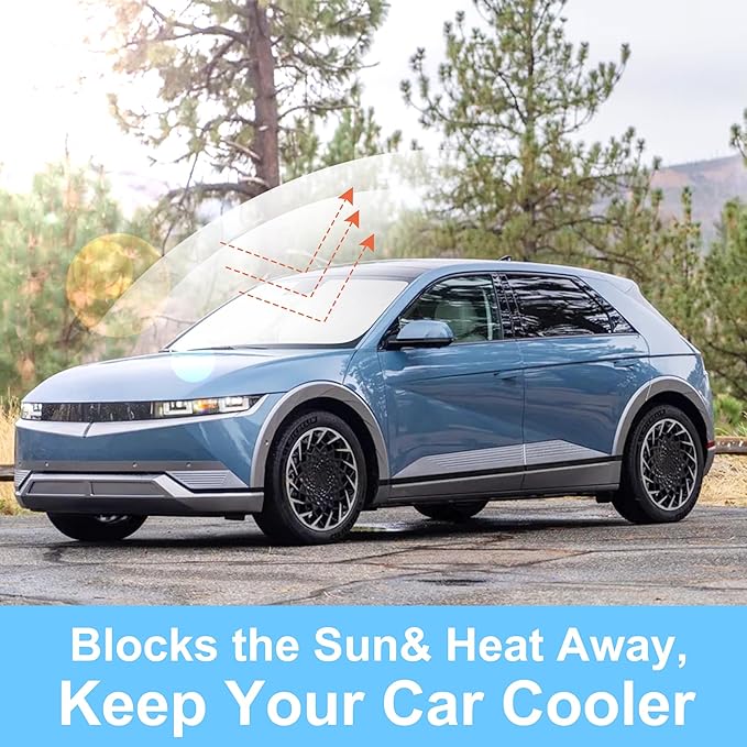 Windshield Sun Shade Custom Fit for 2022 2023 2024 2025 2026 Hyundai Ioniq 5 Accessories Foldable Sunshade Sun Blocker Protect Car from Sun Rays & Heat Damage Keep Car Cooler 34.5‘’x58.5‘’