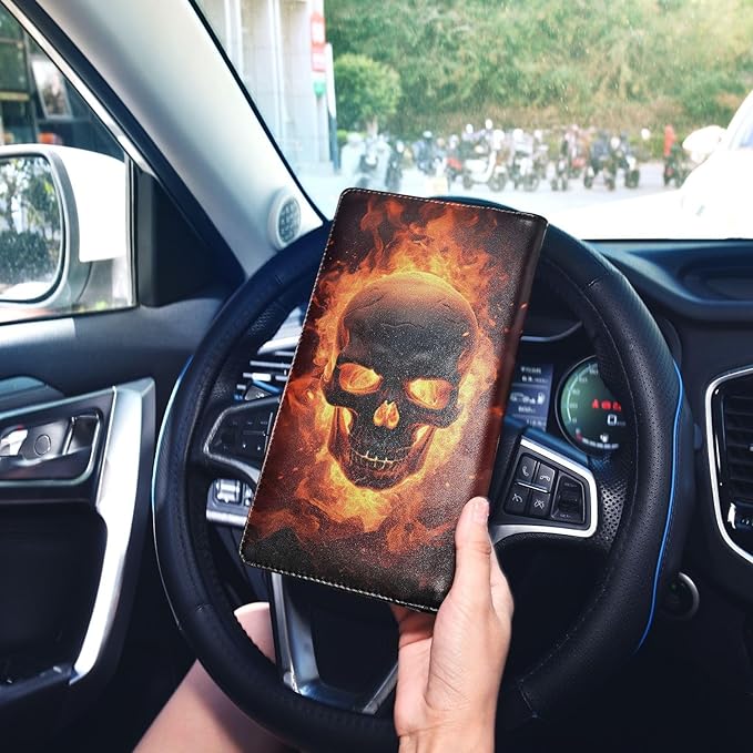 Gothic Fire Skull Car Registration and Insurance Holder Vehicle Glove Box Organizer Car Accessories Wallet Case for Women Men 202a1356
