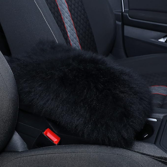Frienda Furry Armrest Cover Auto Center Console Cover Car Soft Console Pad, Real Sheepskin Wool Soft Fluffy Auto Center Armrest Pad for Most Car Decoration Protector(Black)