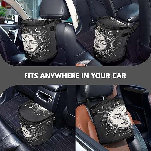 MNSRUU Car Trash Can with Lid, Black and White Face Sun Car Trash Bag Hanging Organizers and Storage for Front Back Seat, Leak-Proof Trash Bin