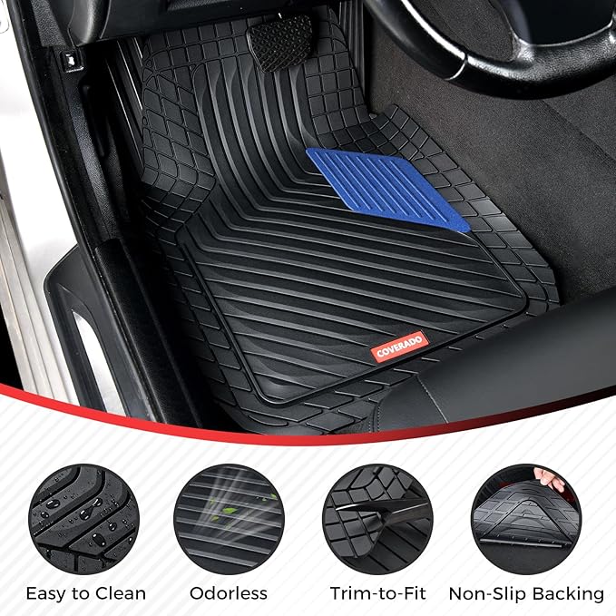 Coverado Car Floor Mats Full Set – Heavy-Duty PVC Floor Mats with Metallic Heel Pad, All-Weather Protection for Front & Rear, Non-Slip Backing, Easy-Clean Interior Liners，Blue