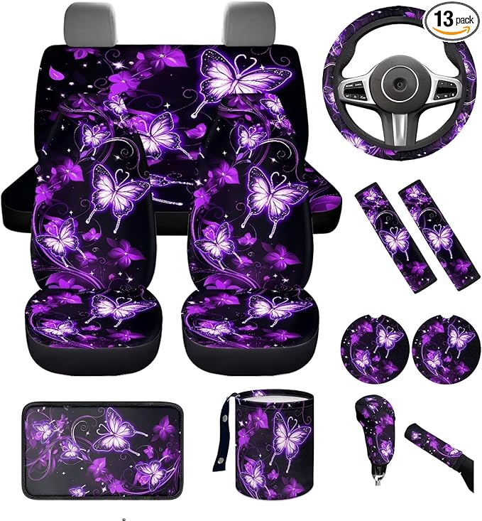 Dngkaoje Purple Butterfly Car Seat Cover Set Cute Butterflies Automotive Interior Accessories Full Set 13 Pcs Galaxy Butterfly Garbage Cans Organizer,Universal Steering Wheel Cover Armrest Pad