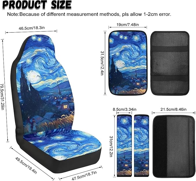 Psesaysky 5PCS Leather Auto Interior Decor, Blue Starry Sky Universal 2 Front Seat Covers, Armrest Cover, 2 Seat Belt Covers, Car Accessories Gift Set for Men Women