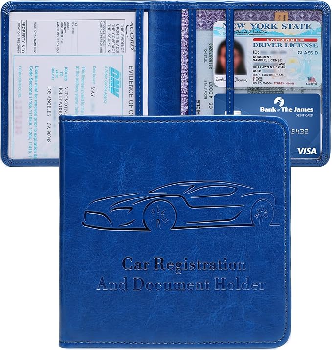 Car Registration and Insurance Holder, Vehicle Glove Box Car Organizer with Magnetic Closure for Documents, Cards, License Car Organization, 1-Pack Dark Blue
