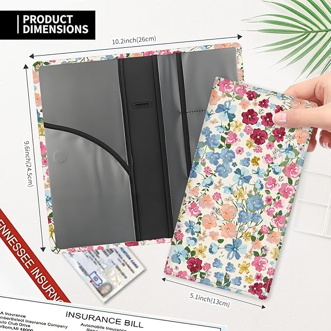 ADUQLZUX Leather Car Registration and Insurance Card Holder, Cute Car Accessories Vehicle Glove Box Car Organizer for Documents, Cards, License Colorful Cute Flowers