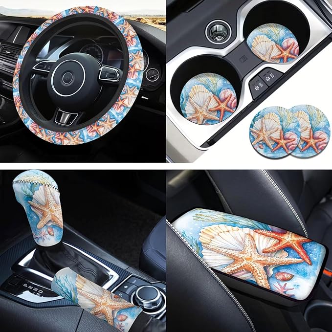 Starfish & Seashells 6pcs Car Steering Wheel Cover Set Car Armrest Cover Handbrake Coer Auto Interior Sets for Men Women Fit for Trucks Vans Suvs