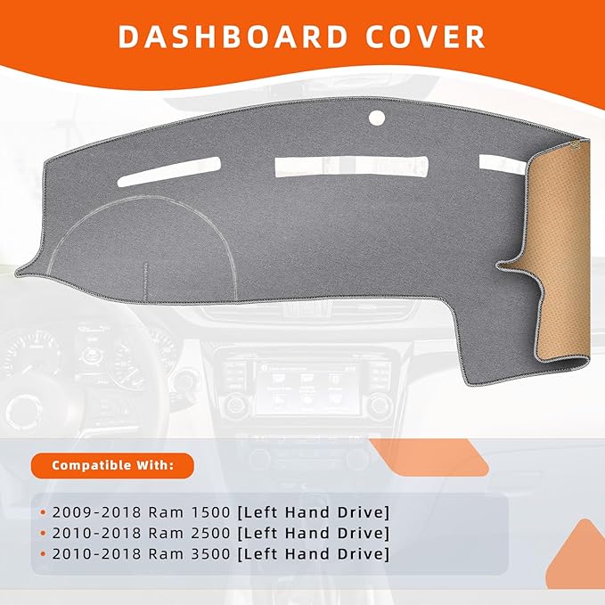 KEYOOG Dashboard Cover Dash Mat Fit for 2018-2009 Do-dge Ram 1500,2018-2010 Ram 2500 3500 (Without HUD Models),Car Dash Board Mat Anti-Glare Carpet,Non-Slip Pad Sunshield Protector (Grey)