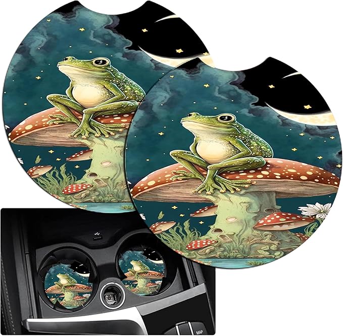 JANENFNA Car Armrest Cover Pads Universal Fashion Cute Auto Center Console Armrest Cover Pad with 2PCS Car Coasters Soft Waterproof Car Armrest Seat Protector for Women,Frog Sitting Mushroom