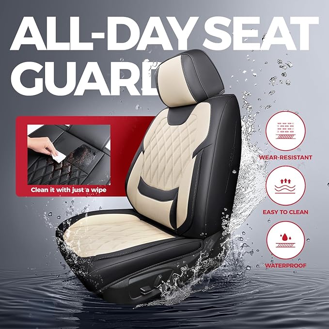 FREESOO Black Beige Car Seat Covers Full Set - Faux Nappa Leather Seat Covers for Cars, Luxury Breathable Waterproof Front Seats with Lumbar Support and Back Seat Cover, Fit for Sedans SUVs Pick-ups