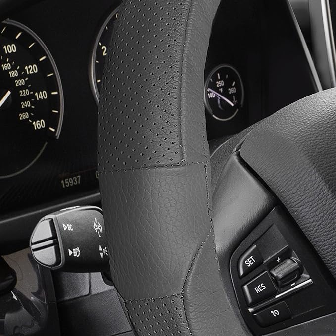 FH Group Universal Fit Deluxe Full Grain Authentic Leather Solid Gray Steering Wheel Cover Fits Most Cars, SUVs