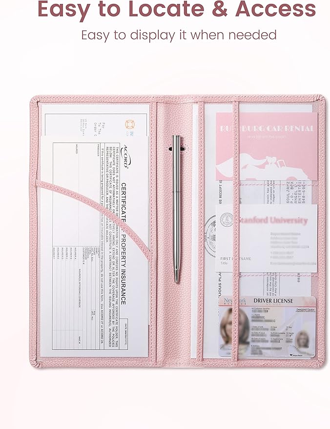 Yarnic Car Registration and Insurance Holder, Pu Leather Car Registration and Insurance Card Holder Car Document Holder for Cards, Essential Document, Driver License (Pink)