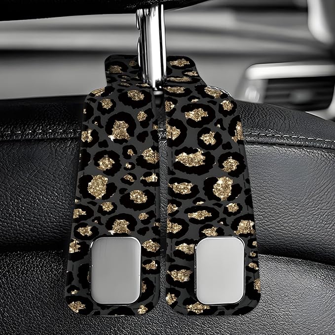 AXBSAKDI Car Seat Back Storage Headrest Hook, Premium Leather Double Metal Hook, Hanger Storage Organizer for Purse Cloth Bag, Car Interior Accessories Glitter Gold Leopard