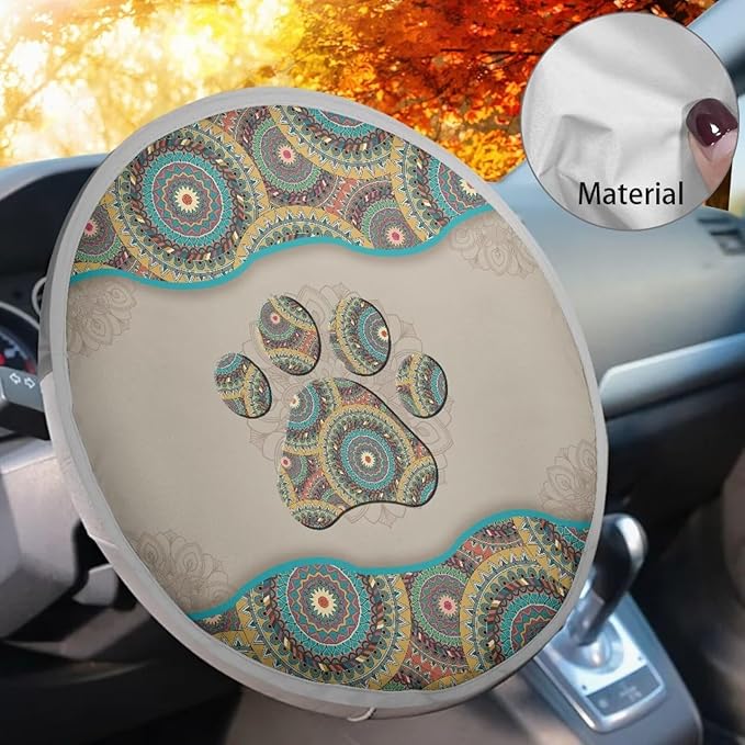 Dog Paw Steering Wheel Sun Heat Shield Boho Car Interior Accessories Universal Steering Wheel Cover Cloth Heat Protection Cooling Cover for Car Rudder