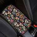 Dreaweet Hippie Flower and Skull Print Center Console Cover for Car Comfy Anti Scratch Armrest Cover Cushion Pad Universal Car Arm Rest Cover for SUV Truck Van