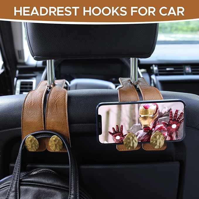 URIZZD 2PCS Leather Car Seat Hooks for Headrest, Vehicle Hanger Storage Organizer Universal for Handbag Purse, Car Accessories Gift (Brown-Gold)