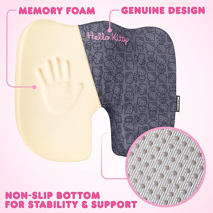 Carbella Officially Licensed Hello Kitty Seat Cushion - Cute Charcoal Gray Office Chair Cushion for Car, Home, Work or Desk - Comfort Memory Foam Cushions for Coccyx, Back, Tailbone Pain Relief Pillow