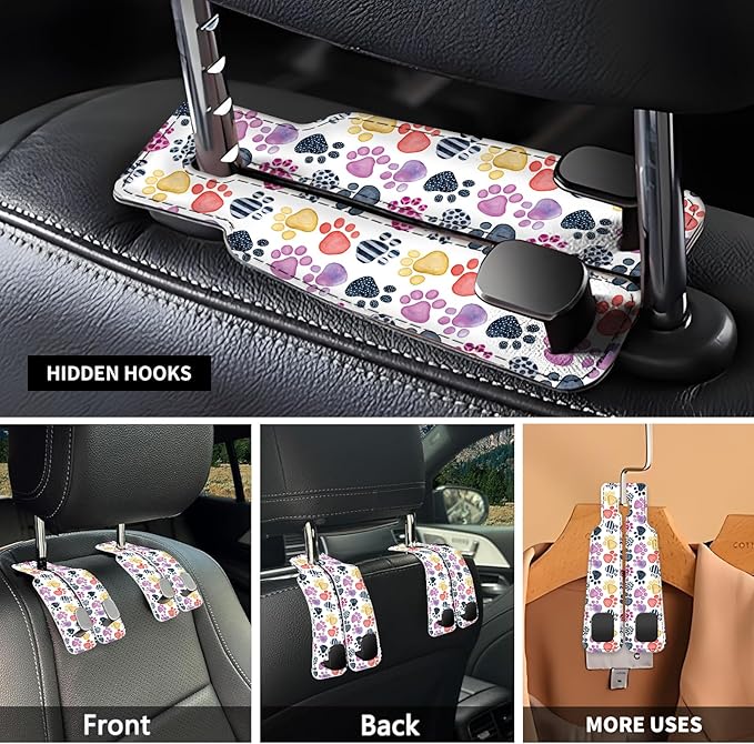 NUGGHU Car Seat Headrest Hook, Universal Leather Cute Hanger Holder Hook, Storage Organizer Interior Accessories for Purse Bags Handbag Cute Colorful Dog Paws