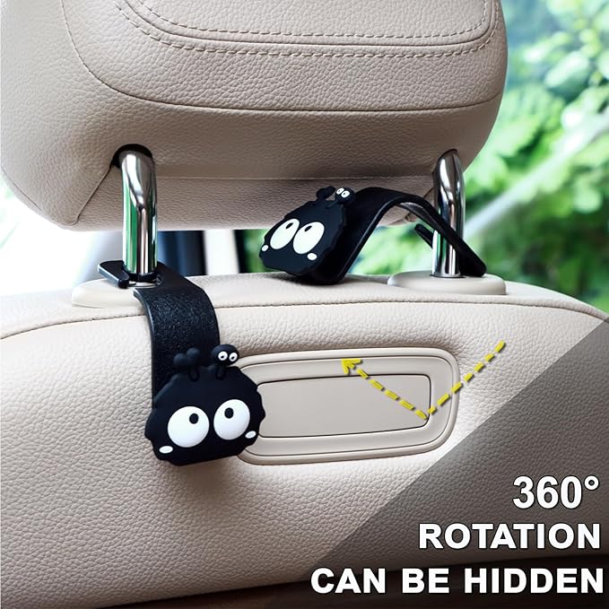 Car Seat Headrest Hook Soot Sprite Plush Auto Hooks for Purses and Bags, Cute Car Accessories, Universal Vehicle Storage Organizer, 2pcs (Sprite-Ear)