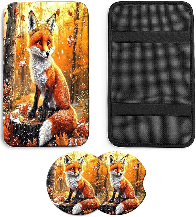 JANENFNA Car Armrest Cover Pads Universal Fashion Cute Auto Center Console Armrest Cover Pad with 2PCS Car Coasters Soft Waterproof Car Armrest Seat Protector for Women,Maple Leaf Fox