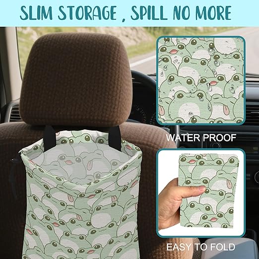 KXWQTRDD Car Garbage Bag Cute Frog Kiddie Hanging Canvas Car Trash Bag Waterproof Drawstring Car Back Seat Organizer for Car Back Front Seat Console with Adjustable Buckle