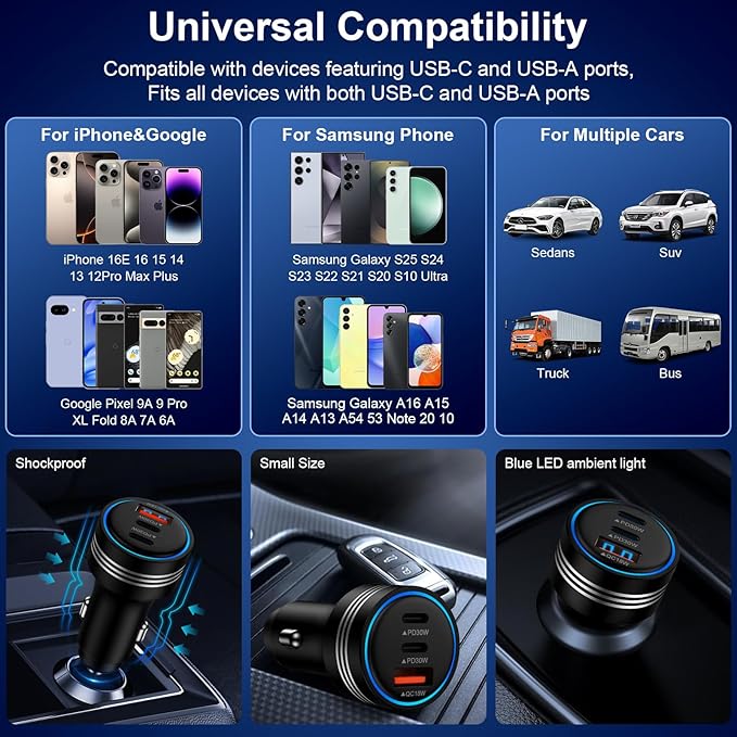 Samsung Galaxy S25 Edge Car Charger,78W 3Port Super Cigarette Lighter Adapter Fast Charging for Galaxy S25 Ultra A36 A17 A16 S24 S23 S22 S21 S20 10, USB C Car Phone Charger for iPhone 16 15 Pro Max