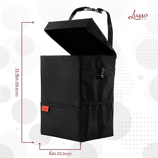 Lusso Gear Car Trash Can, 3.5 Gallon Capacity, Black Color, Manual-Lift Opening Mechanism