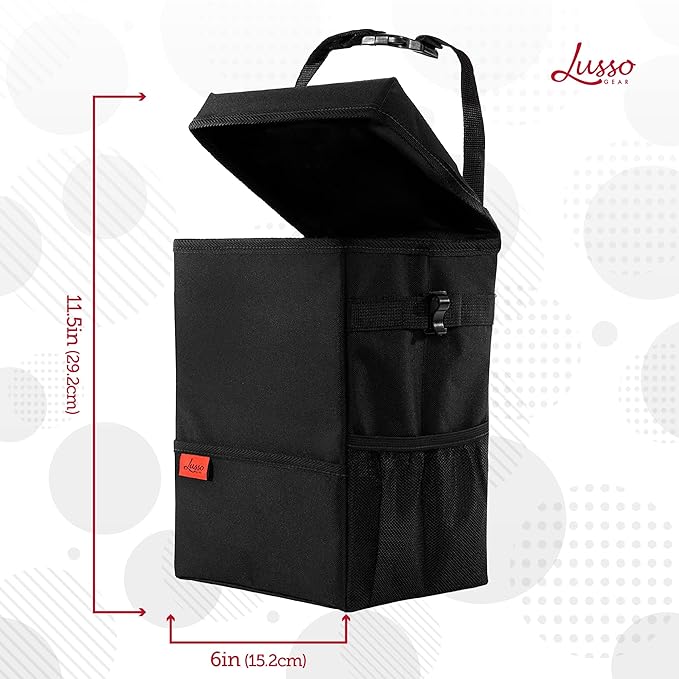 Lusso Gear Car Trash Can with Lid and Removeable Liner, Hanging Car Trash Bag with Hooks, Waterproof Fabric Car Garbage Bin, Automotive Travel, Trashcan car Accessories, for Truck Van and SUV (Red)