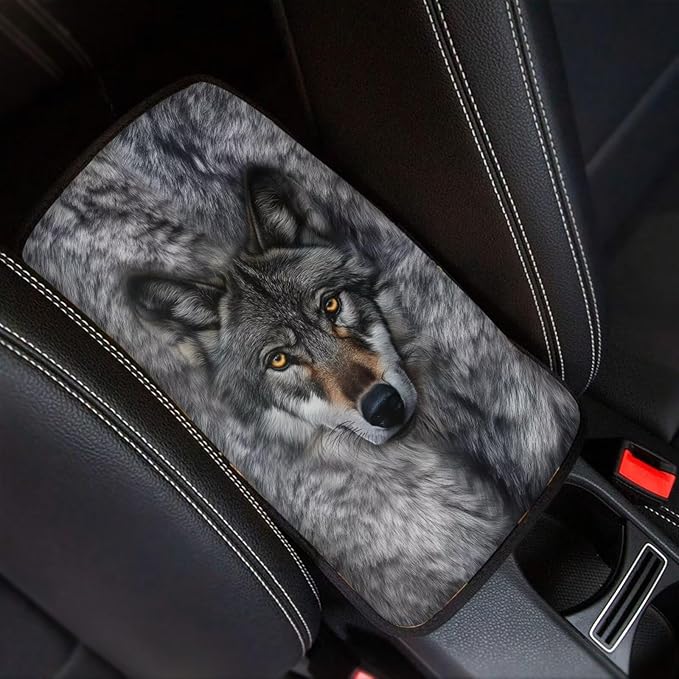Gray Wolf Center Console Cover Breathable Auto Center Console Pad Animal Print Comfortable Car Armrest Seat Box Cover Protector Universal for Car Sedan Vehicle