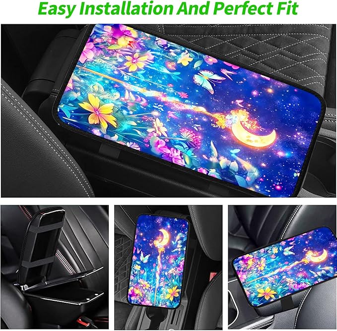 JANENFNA Car Armrest Cover Pads Universal Fashion Cute Auto Center Console Armrest Cover Pad with 2PCS Car Coasters Soft Waterproof Car Armrest Seat Protector for Women,Moon Magic Wand Flower