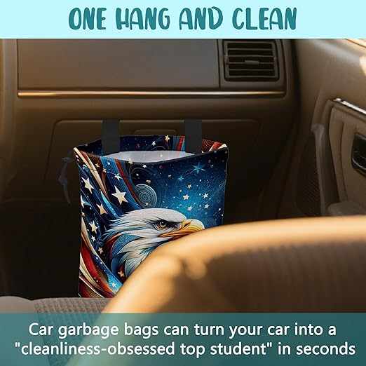 KXWQTRDD Car Garbage Bag American Flag and Bald Eagle Drawstring Car Trash Bag Hanging for Back Seat with Adjustable Buckle Canvas Vehicle Trash Can Easy-to-Install
