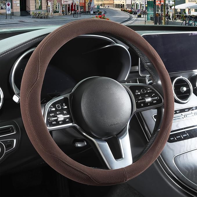 14 inch Brown Suede Steering Wheel Cover, Breathable Non-Slip Sweat-Proof Wear-Resistant No Pilling, Warm in Winter and Cool in Summer